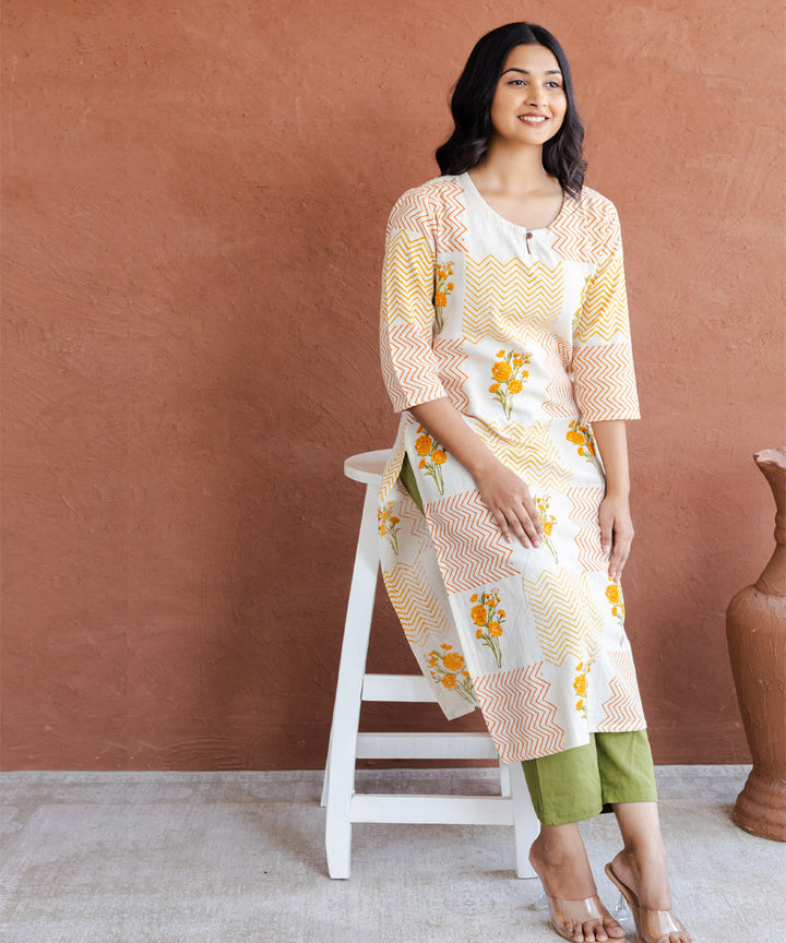 Orange marigold and chevron hand block printed straight kurta