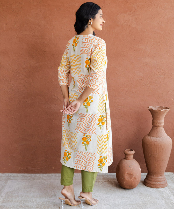 Orange marigold and chevron hand block printed straight kurta