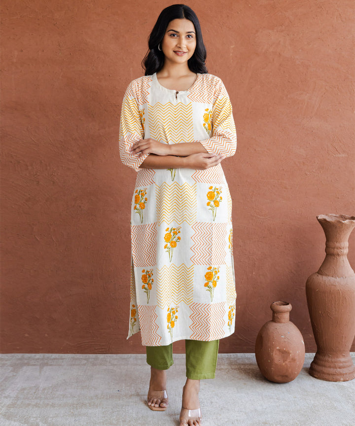 Orange marigold and chevron hand block printed straight kurta