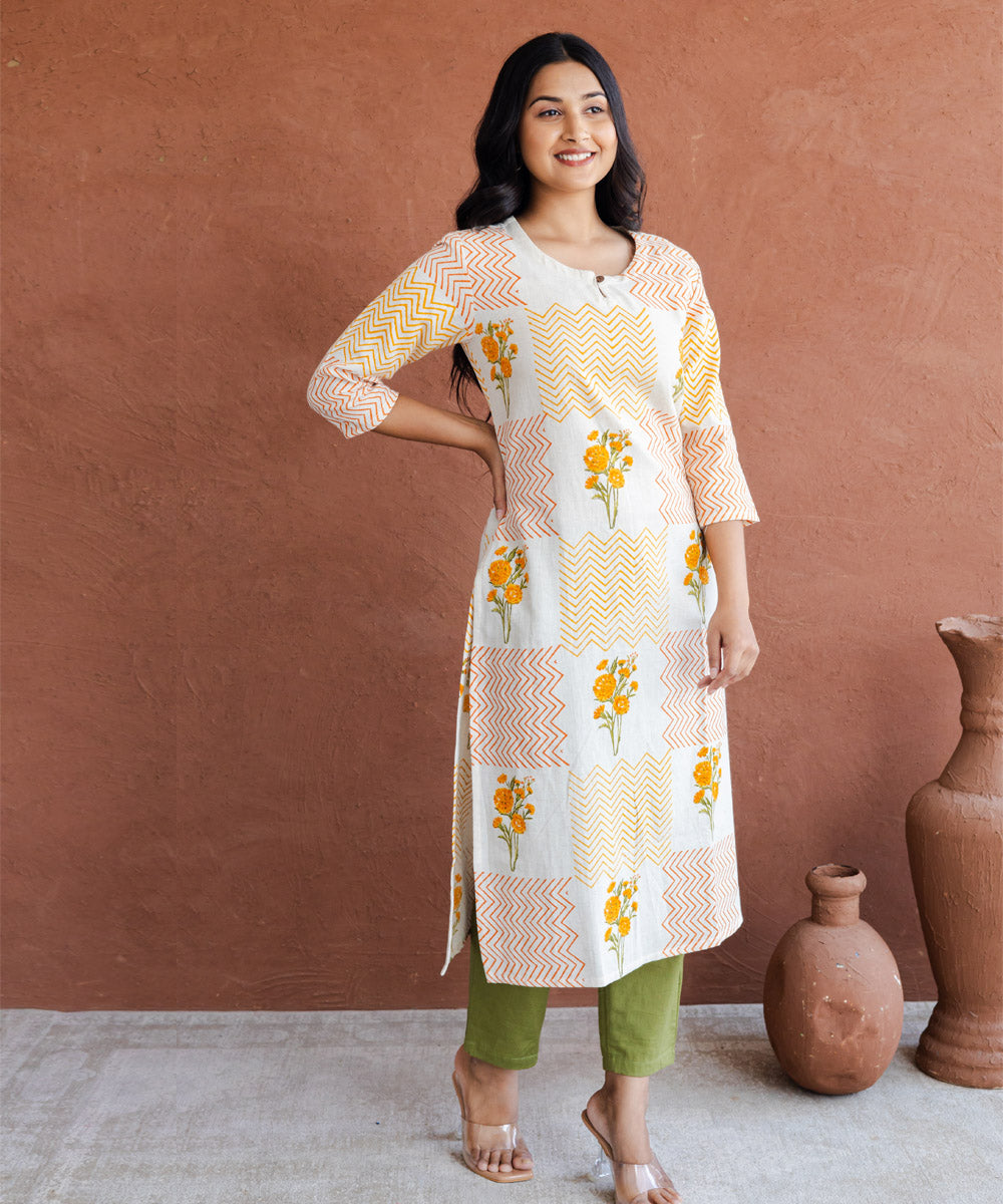 Orange marigold and chevron hand block printed straight kurta