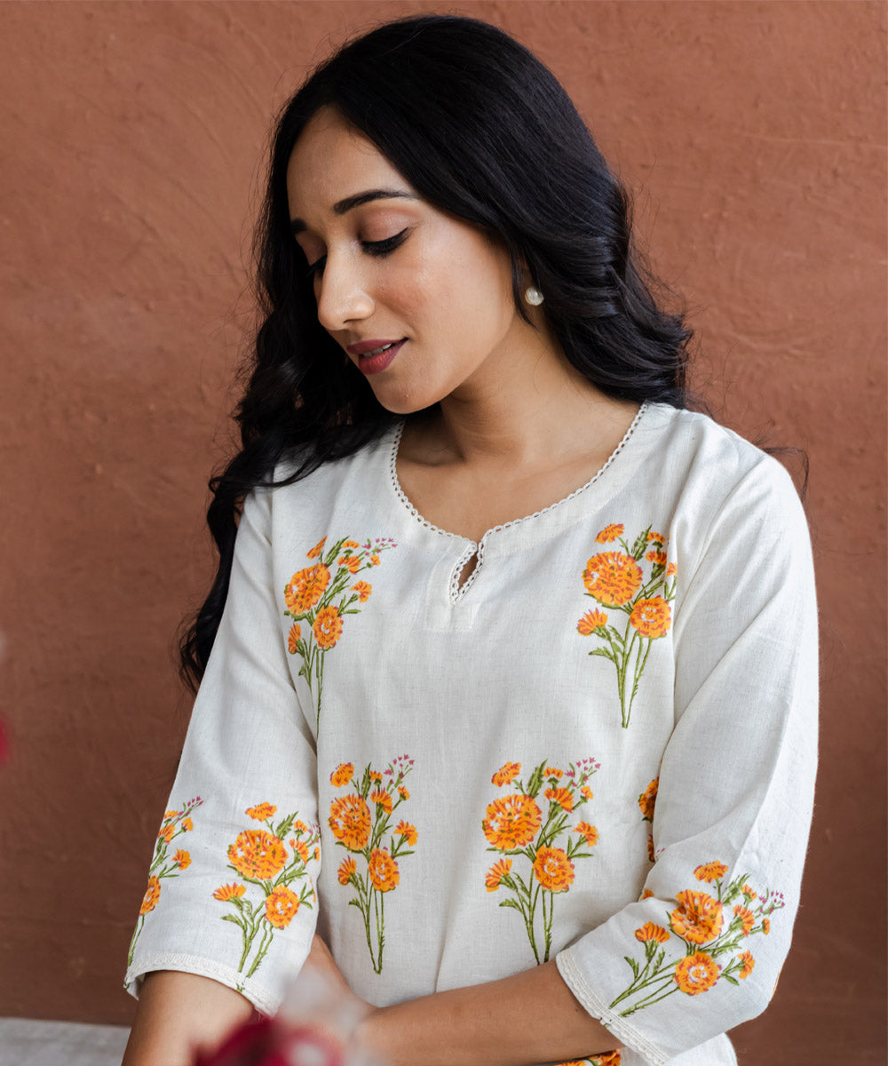 Orange marigold hand block printed straight cotton kurta