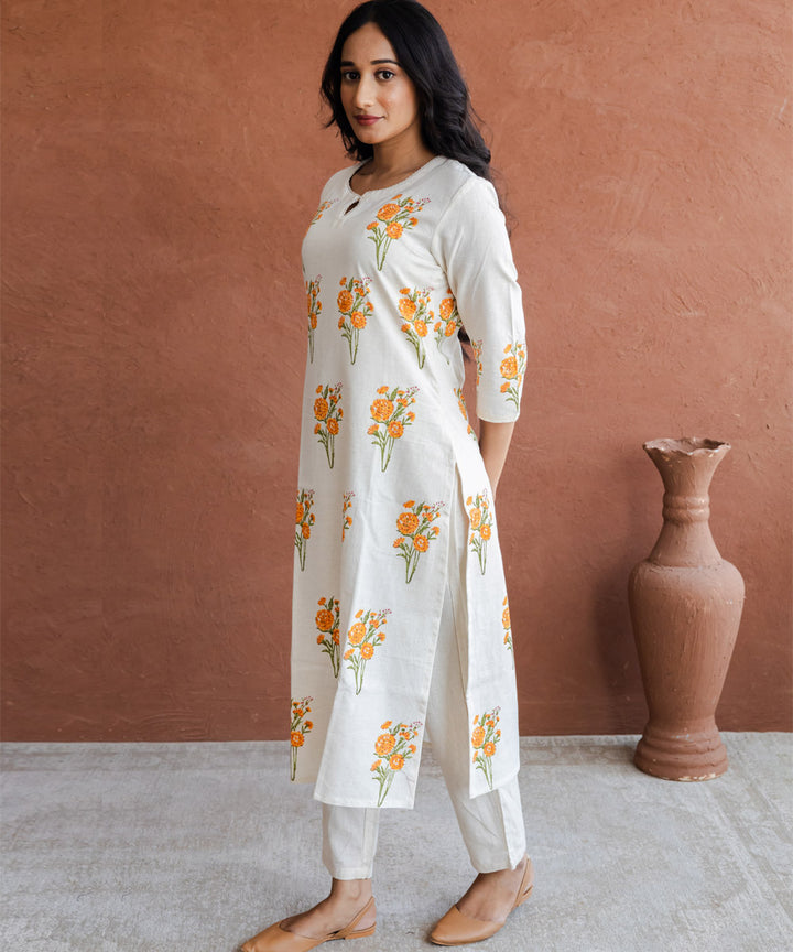 Orange marigold hand block printed straight cotton kurta