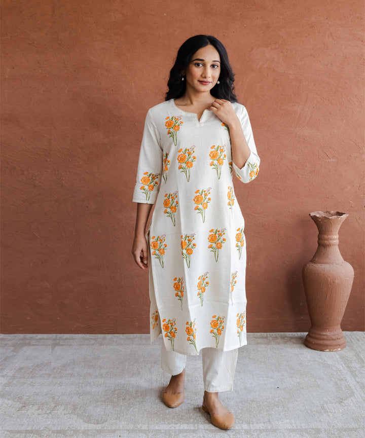 Orange marigold hand block printed straight cotton kurta