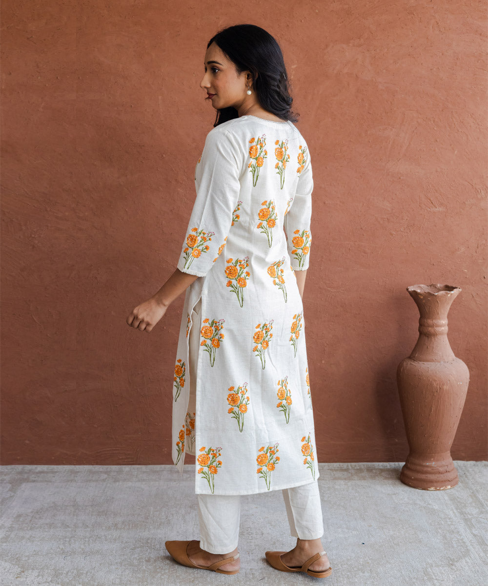 Orange marigold hand block printed straight cotton kurta