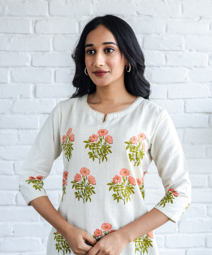 Peach floral hand block printed buta straight kurta