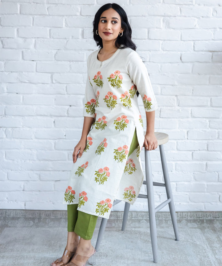 Peach floral hand block printed buta straight kurta