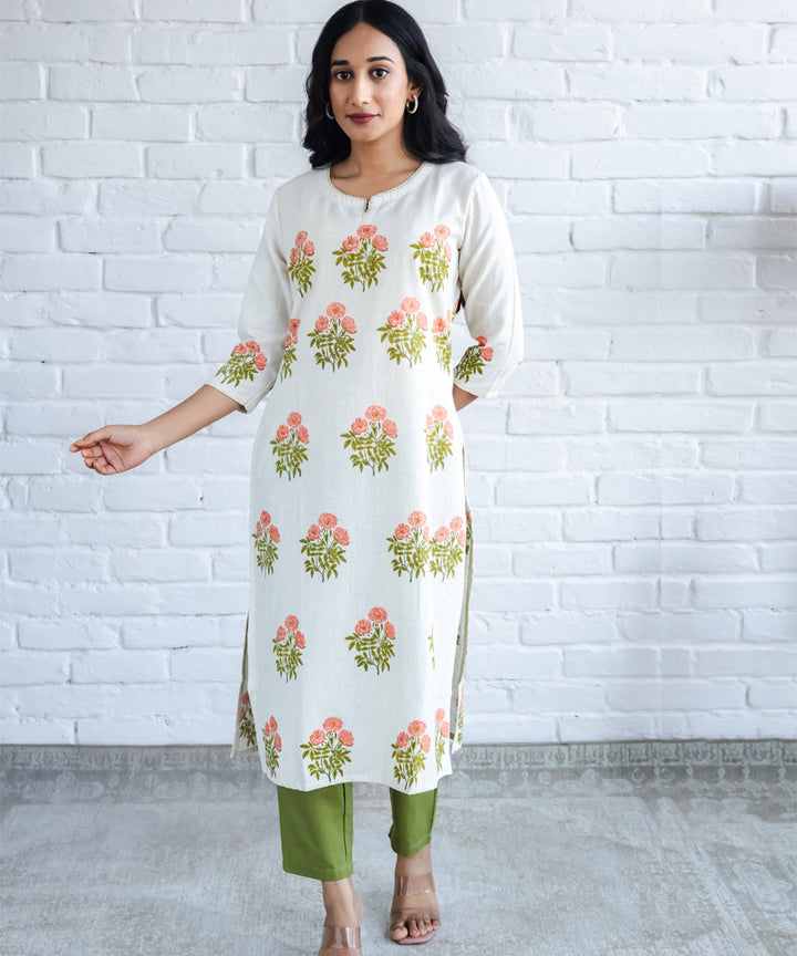 Peach floral hand block printed buta straight kurta