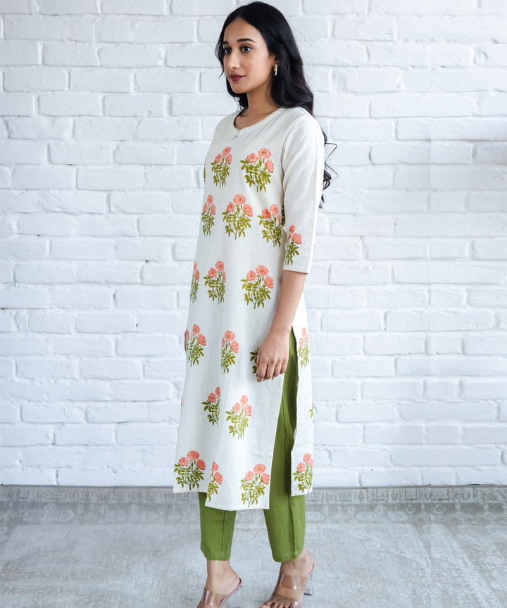 Peach floral hand block printed buta straight kurta