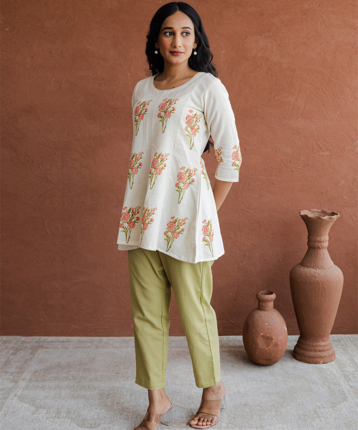 Peach marigold hand block printed kali top