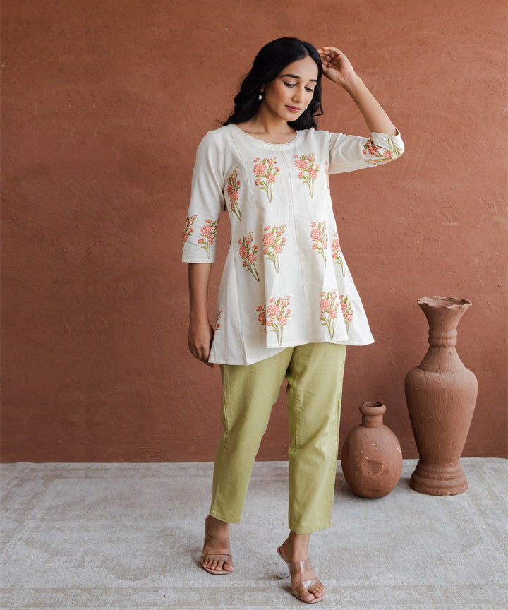 Peach marigold hand block printed kali top