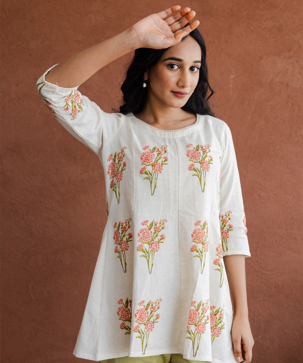 Peach marigold hand block printed kali top