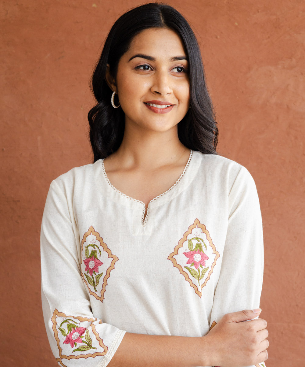 Pink floral hand block printed buta kurta on off-white