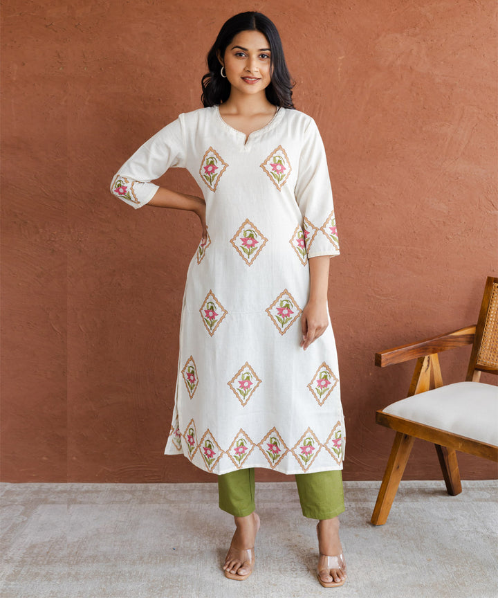 Pink floral hand block printed buta kurta on off-white