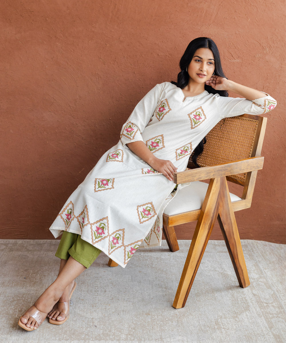 Pink floral hand block printed buta kurta on off-white