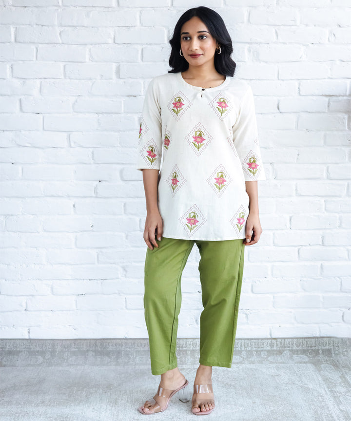 Pink floral hand block printed buta straight top