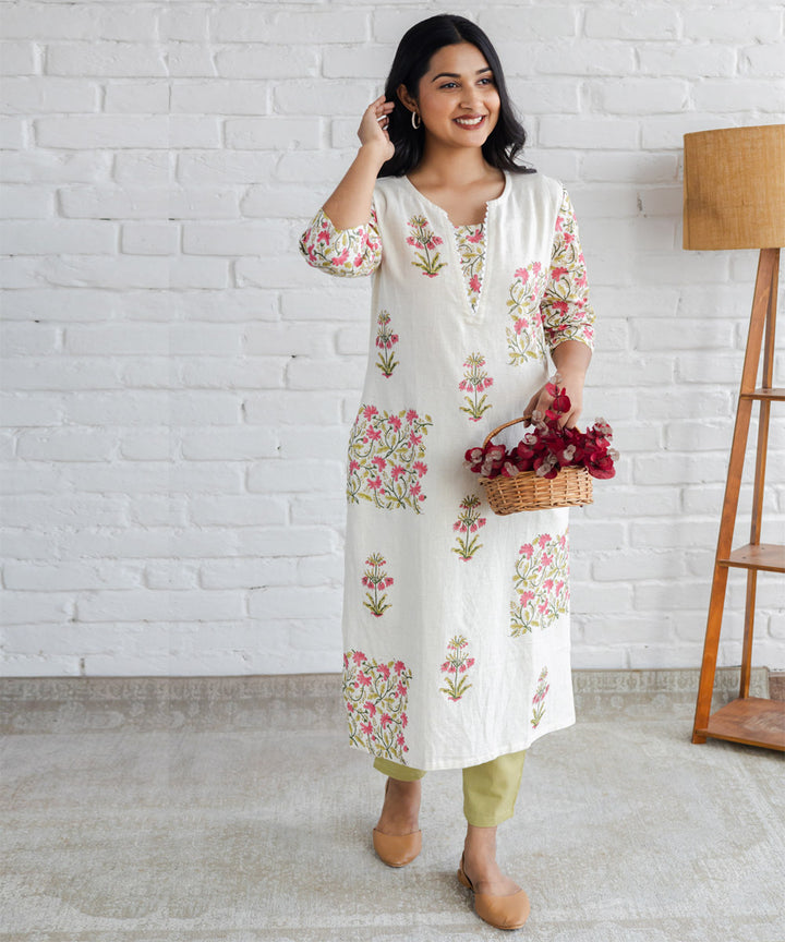 Pink floral jaal and buta hand block printed straight kurta