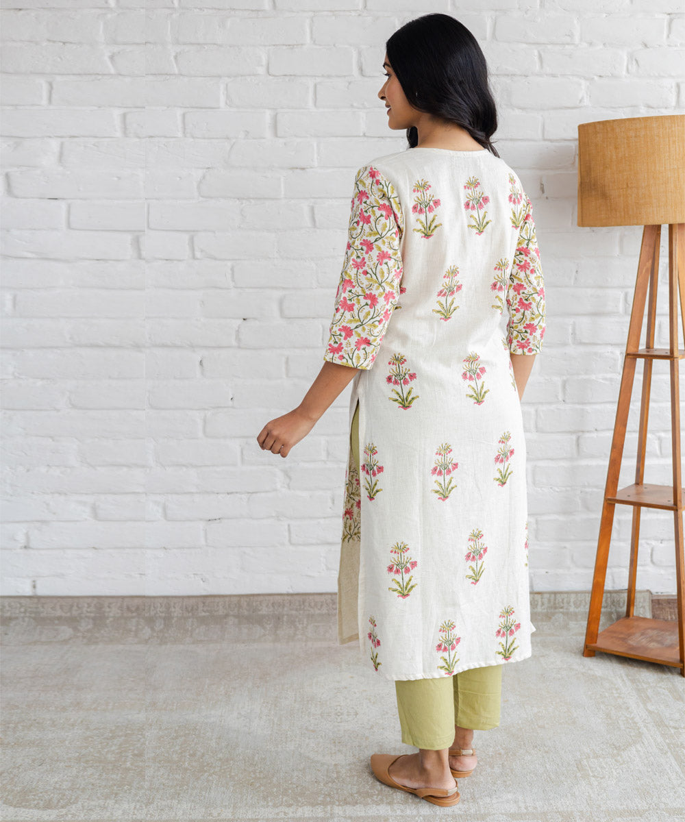 Pink floral jaal and buta hand block printed straight kurta