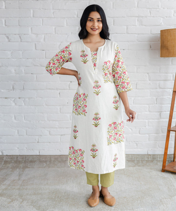 Pink floral jaal and buta hand block printed straight kurta