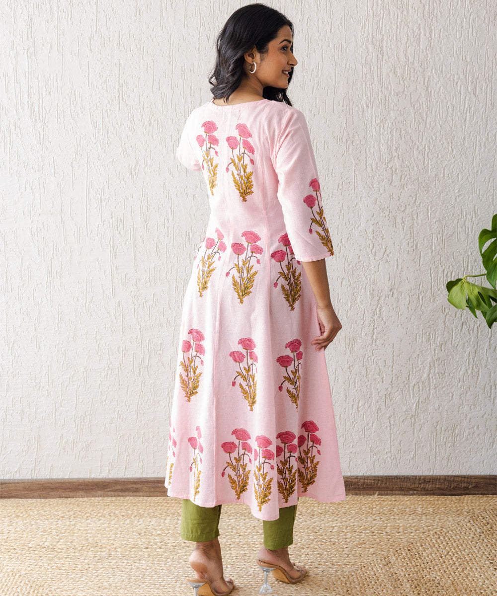 Pink kali floral buta hand block printed cotton kurta