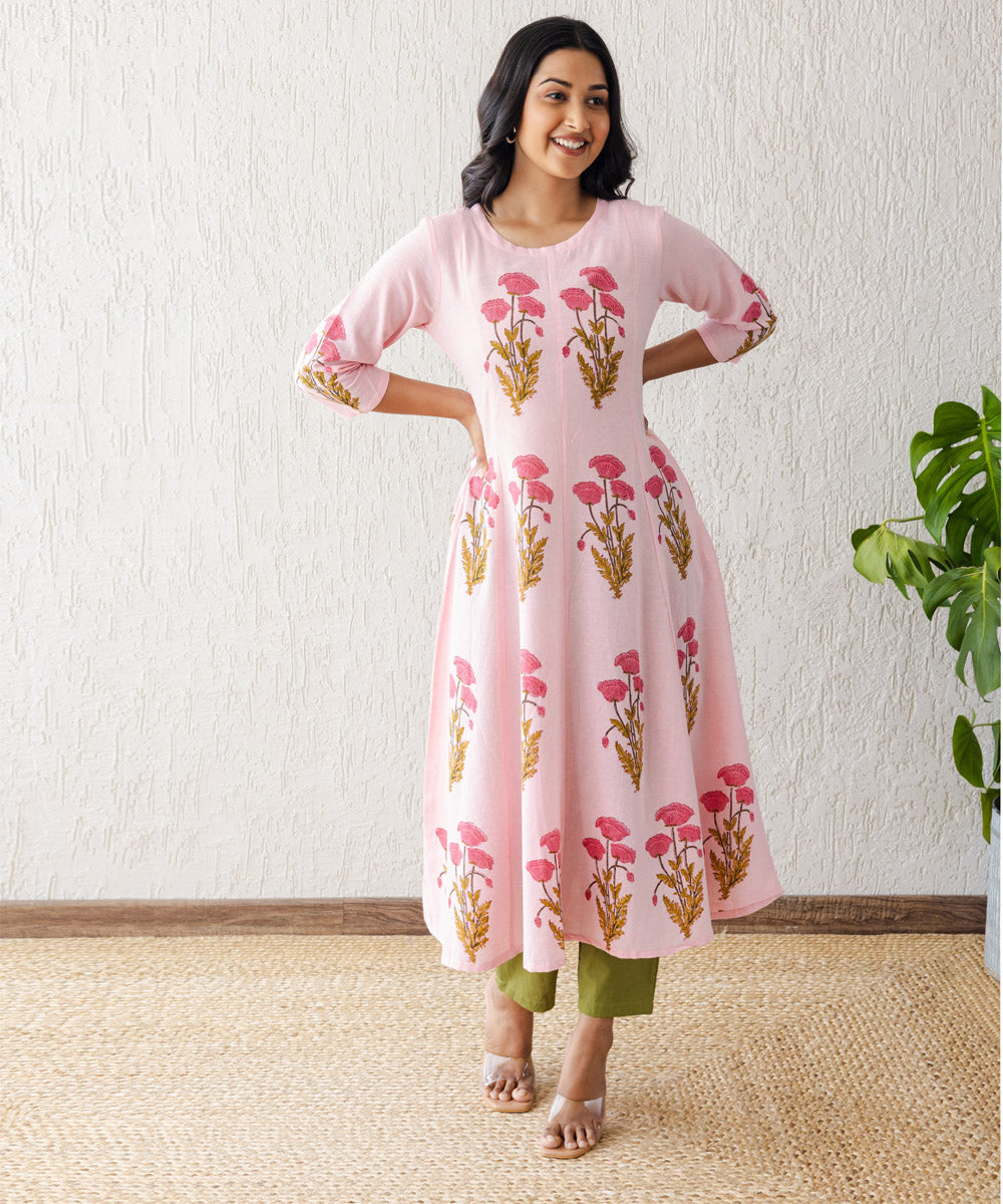 Pink kali floral buta hand block printed cotton kurta