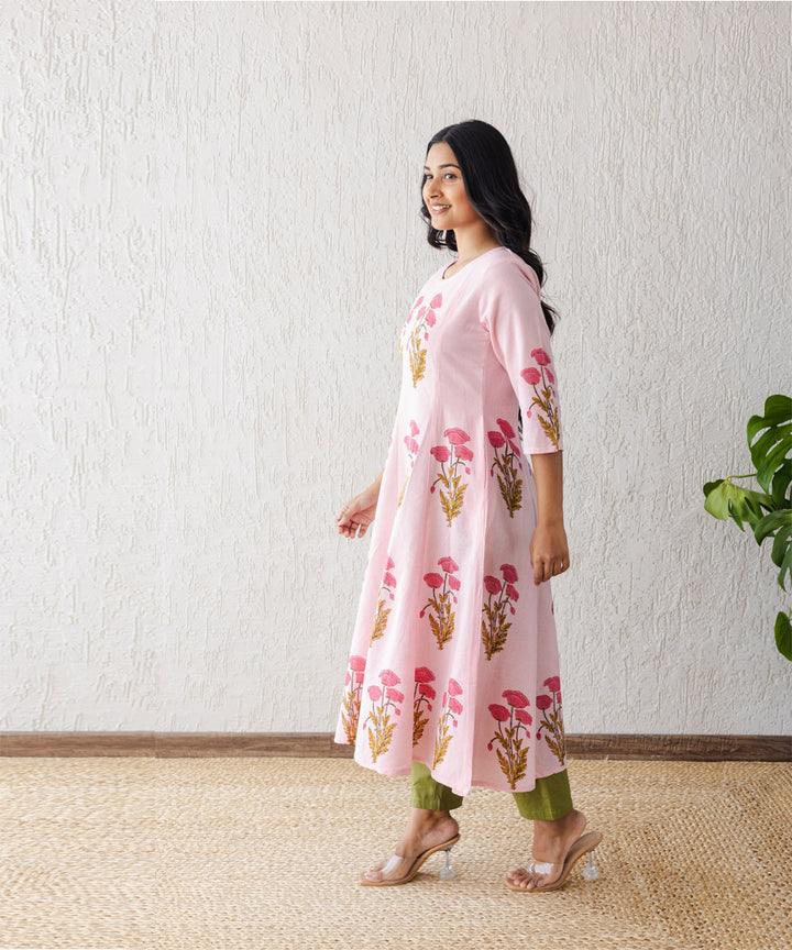 Pink kali floral buta hand block printed cotton kurta