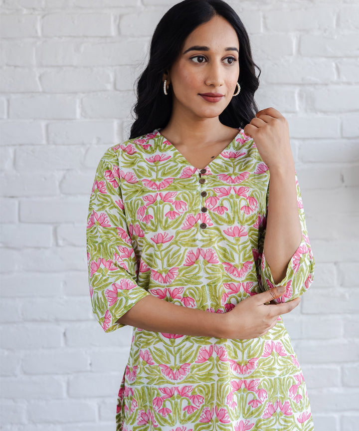 Pink n green floral hand block printed straight cotton kurta