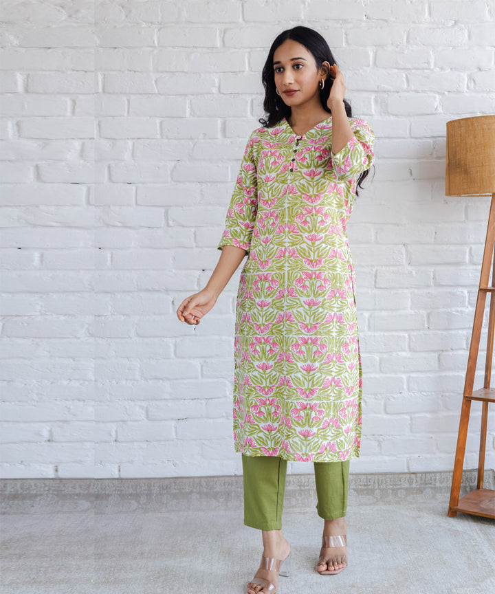 Pink n green floral hand block printed straight cotton kurta