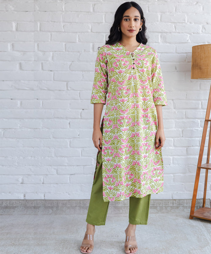 Pink n green floral hand block printed straight cotton kurta