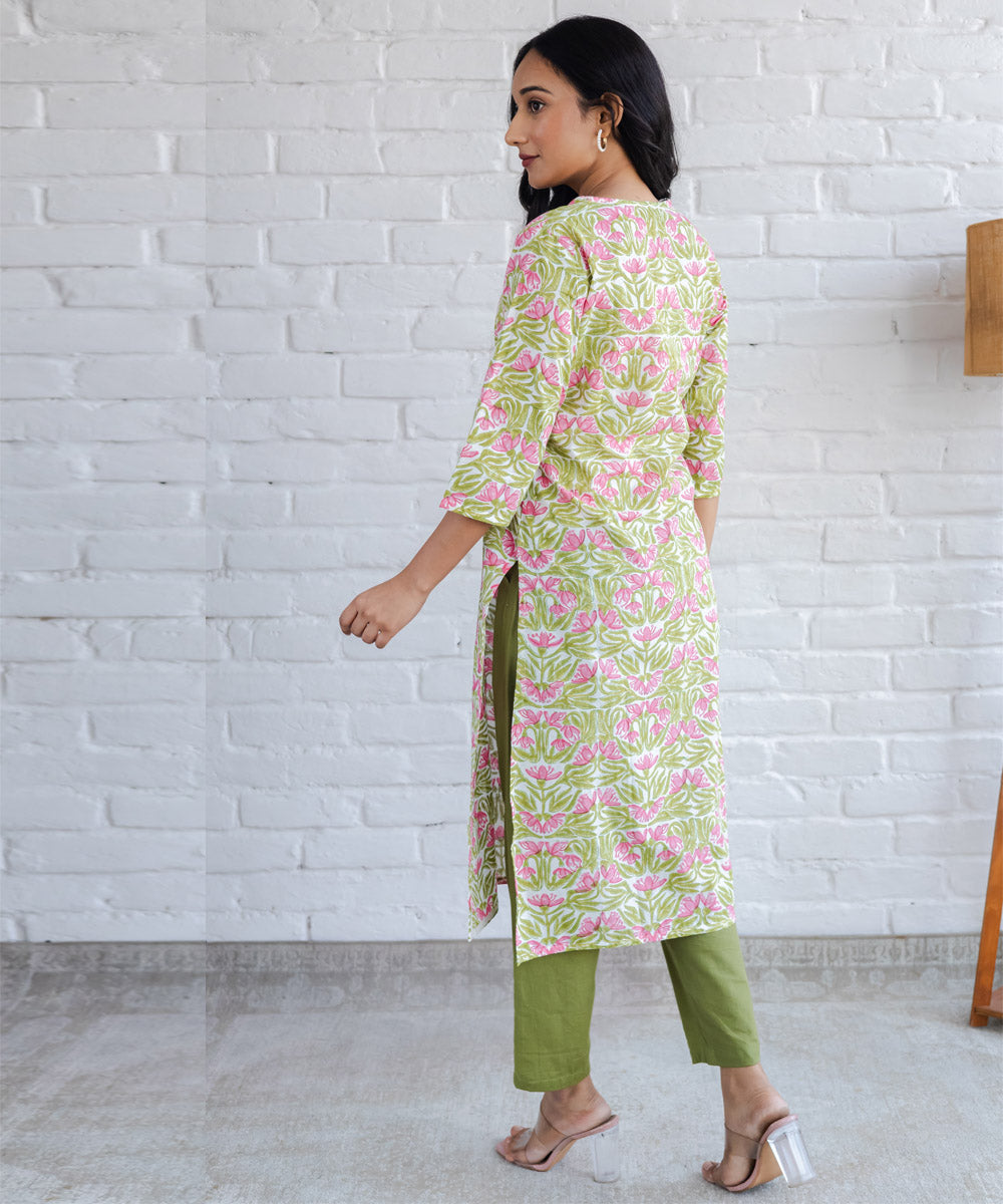 Pink n green floral hand block printed straight cotton kurta