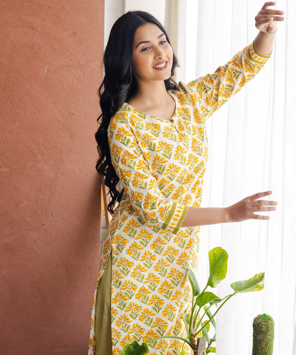 Yellow floral hand block printed straight kurta