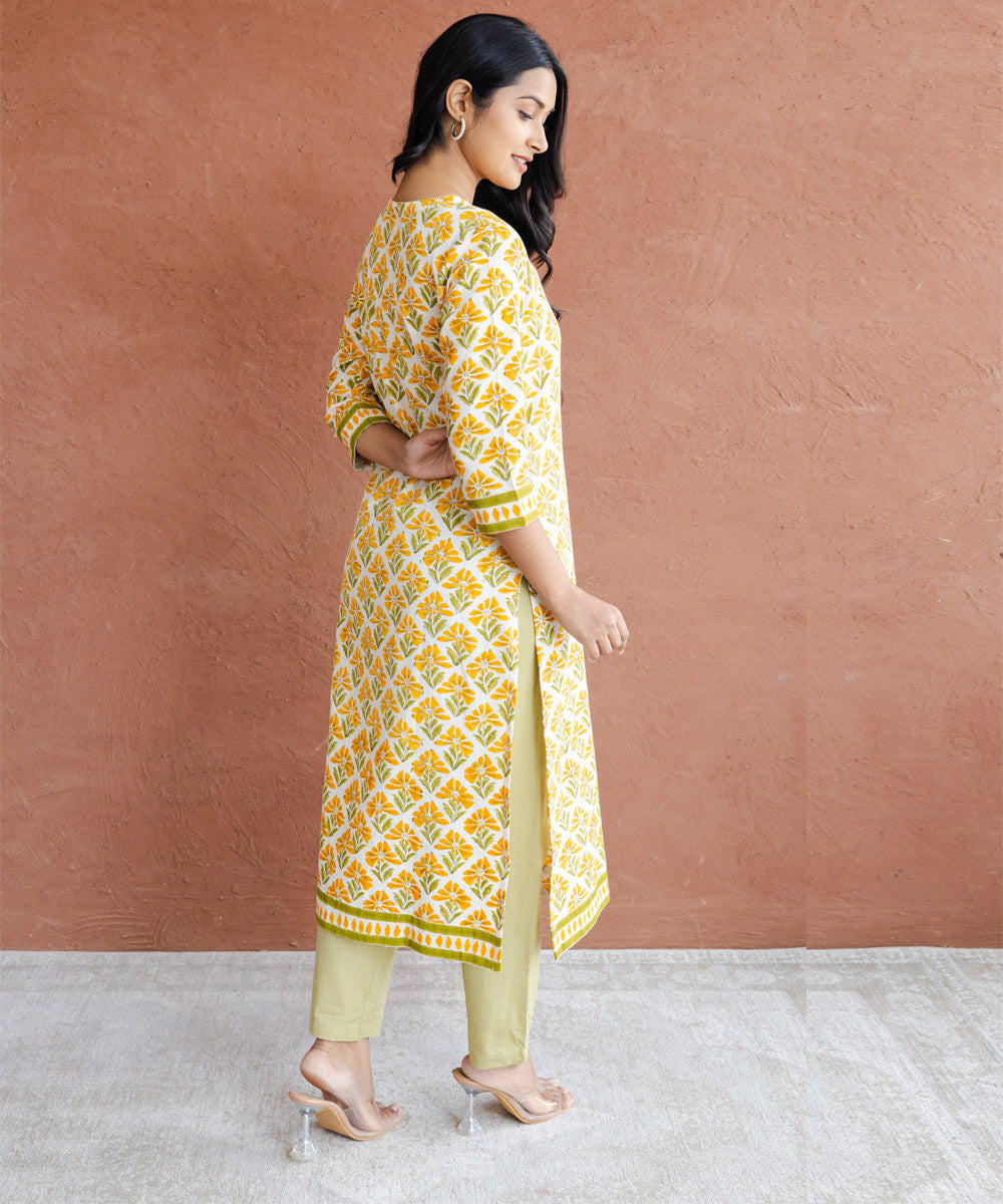 Yellow floral hand block printed straight kurta