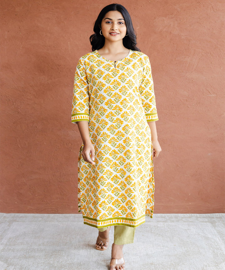 Yellow floral hand block printed straight kurta