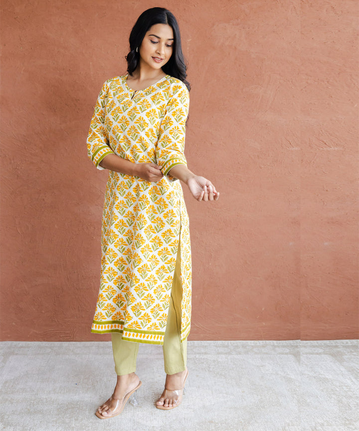 Yellow floral hand block printed straight kurta