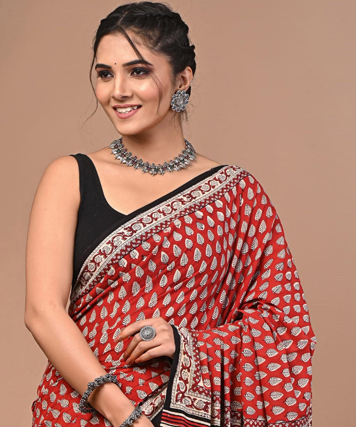 Maroon black cotton hand printed sanganeri print saree