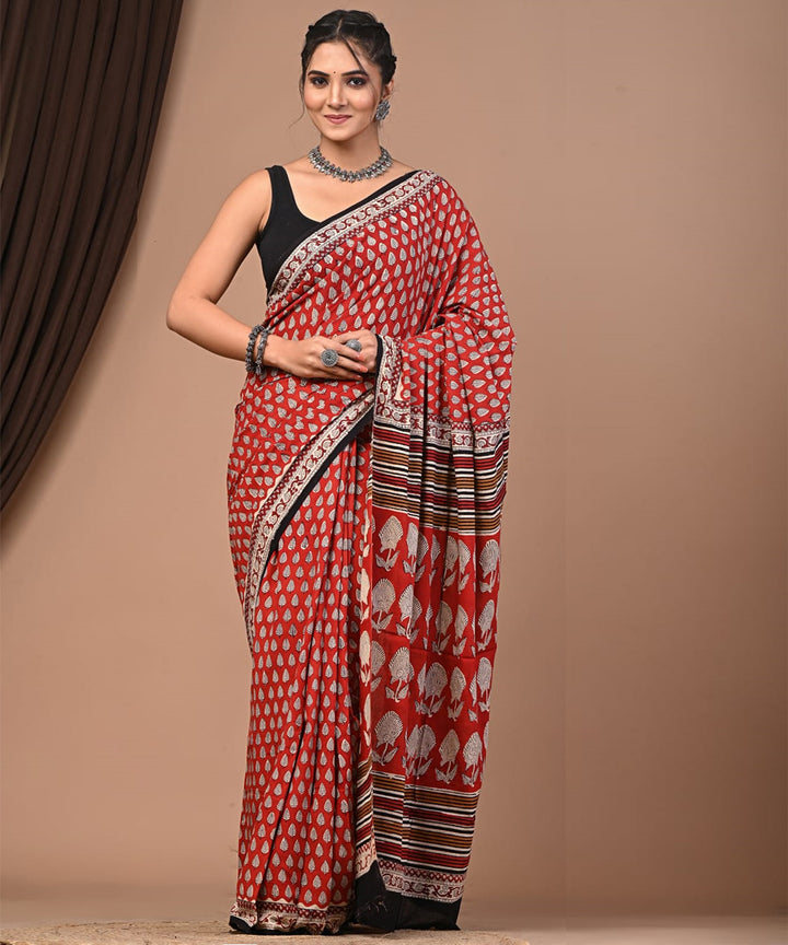 Maroon black cotton hand printed sanganeri print saree