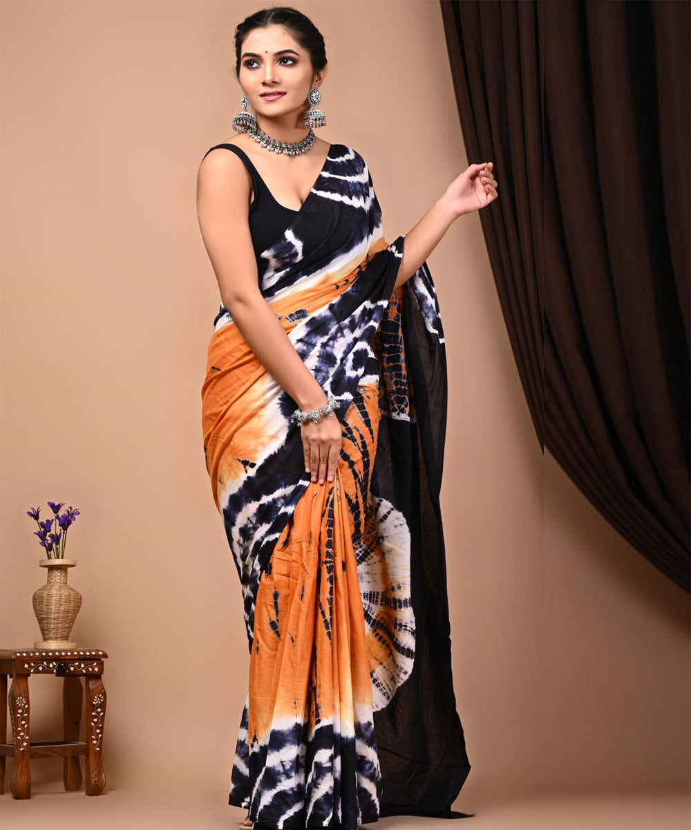 Black orange cotton hand printed bandhani saree