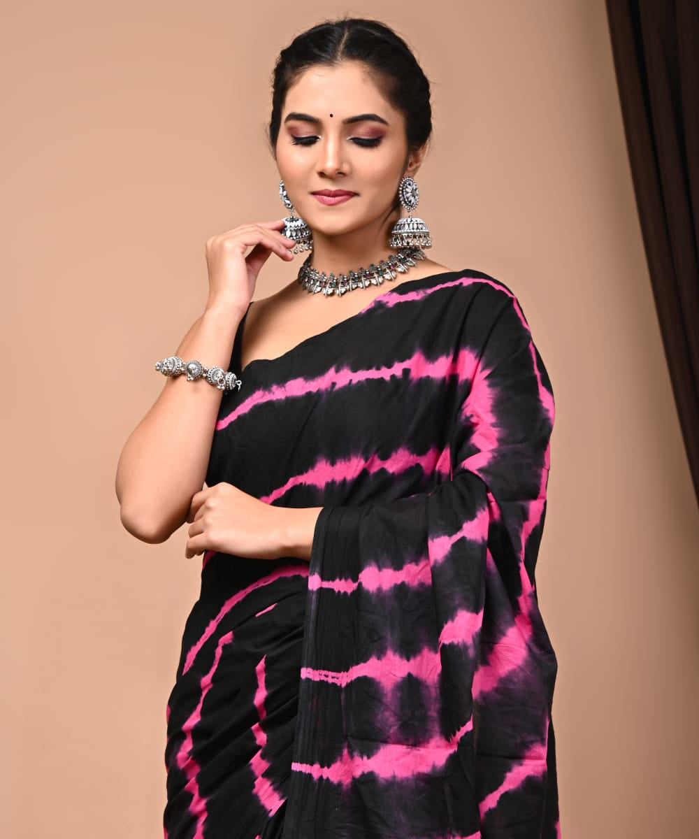 Black pink cotton hand printed bandhani saree