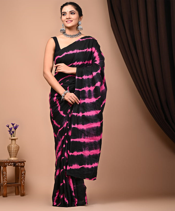 Black pink cotton hand printed bandhani saree