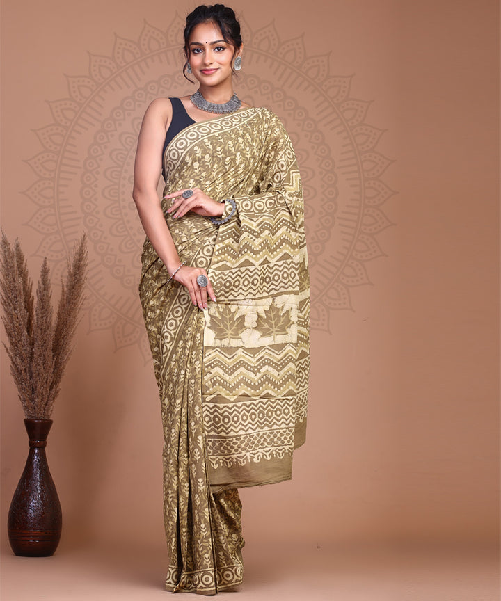 Teal green cream hand block printed sanganeri cotton saree