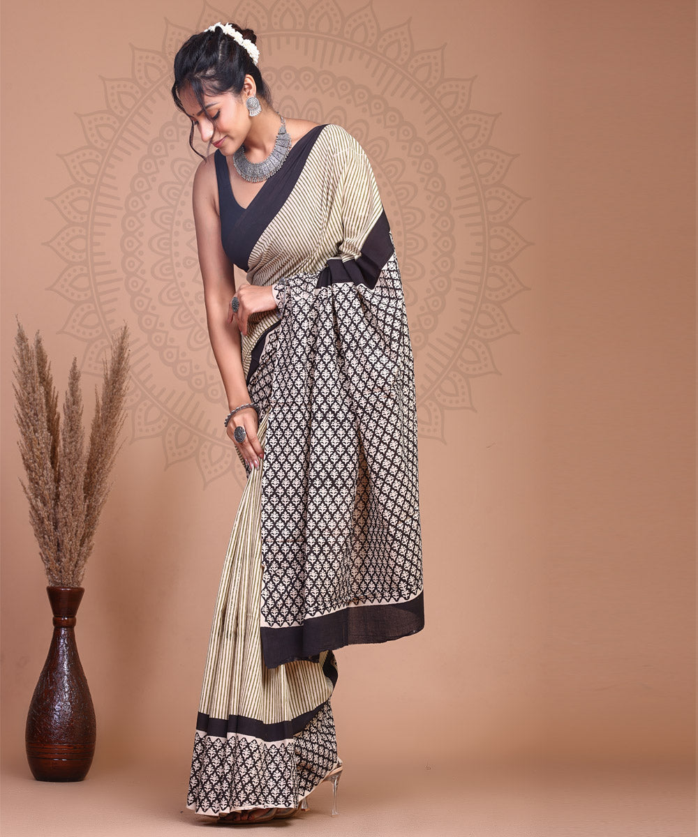 Grey black hand block printed cotton sanganeri saree