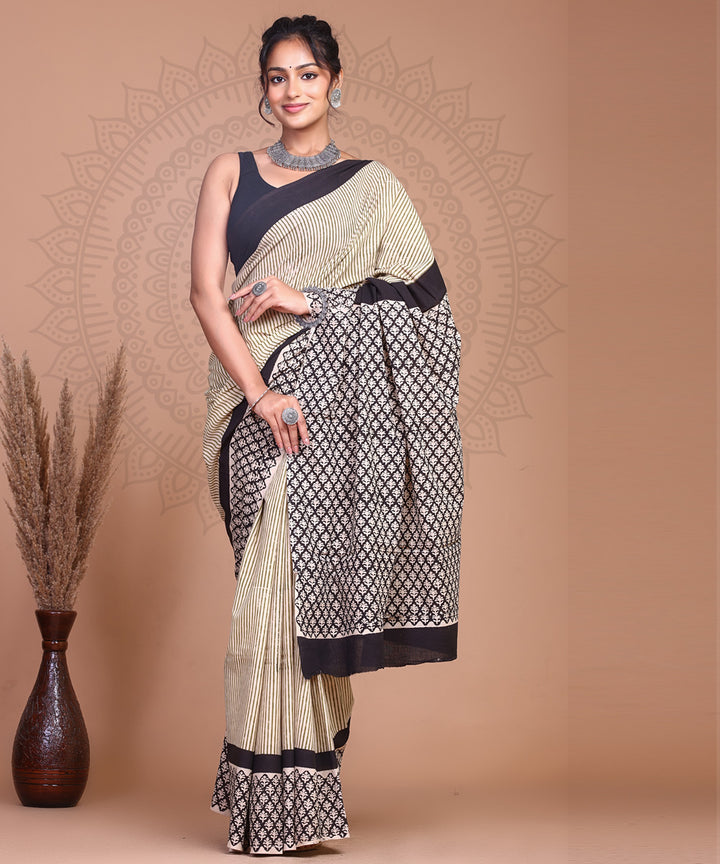 Grey black hand block printed cotton sanganeri saree