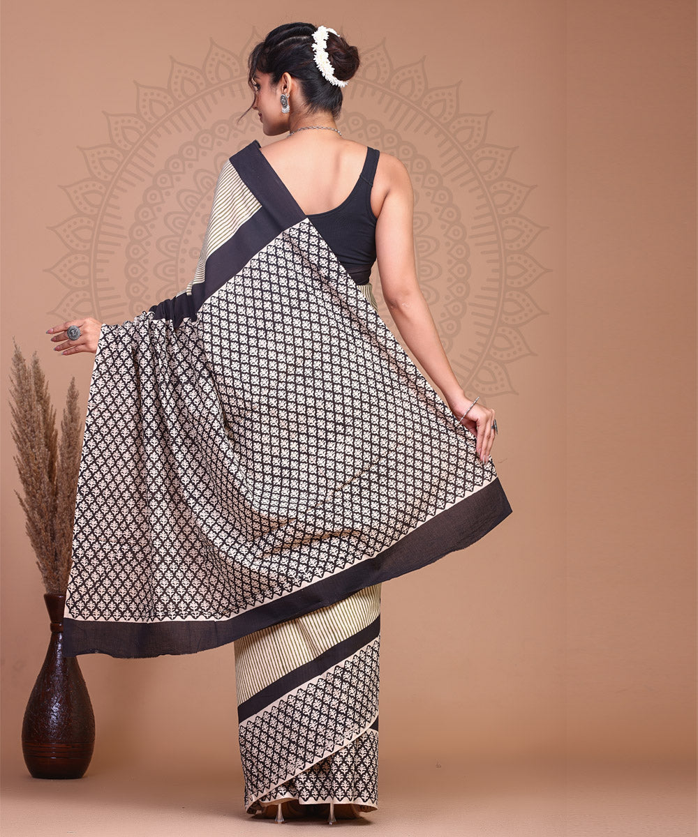 Grey black hand block printed cotton sanganeri saree