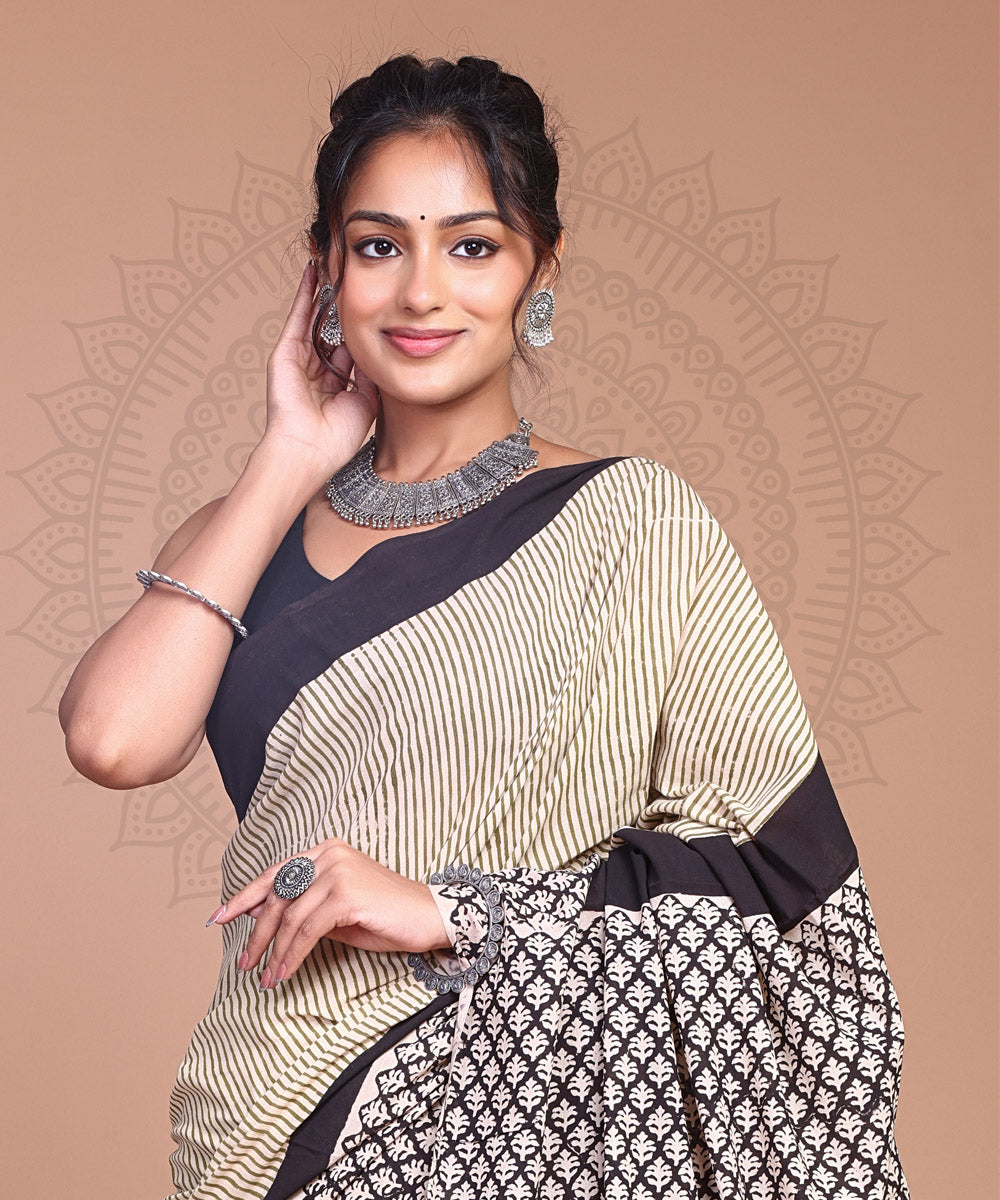 Grey black hand block printed cotton sanganeri saree