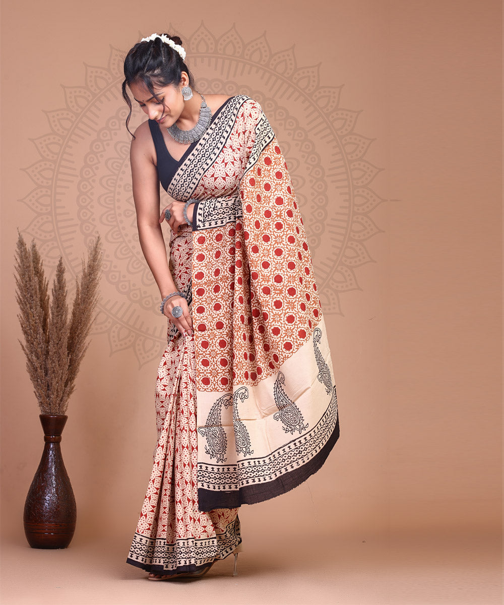 Red peach cotton hand block printed sanganeri saree