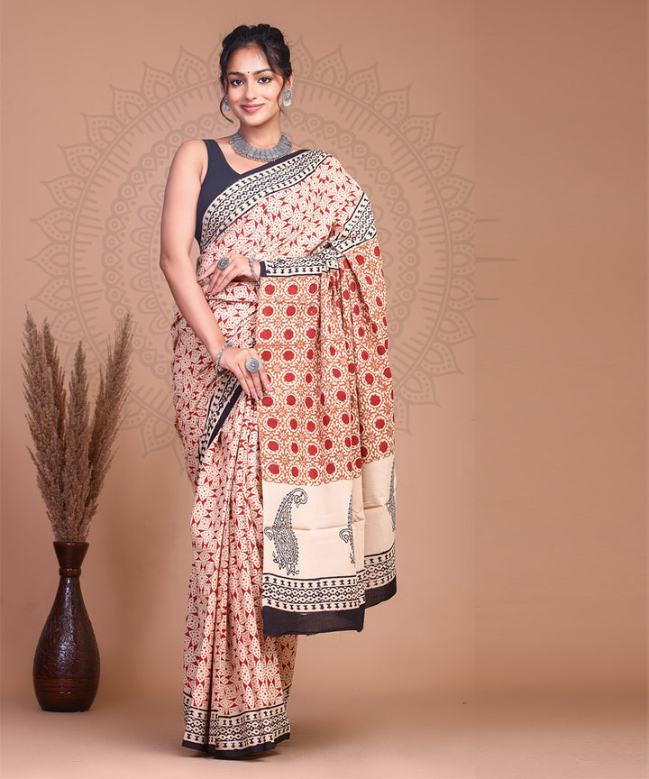 Red peach cotton hand block printed sanganeri saree