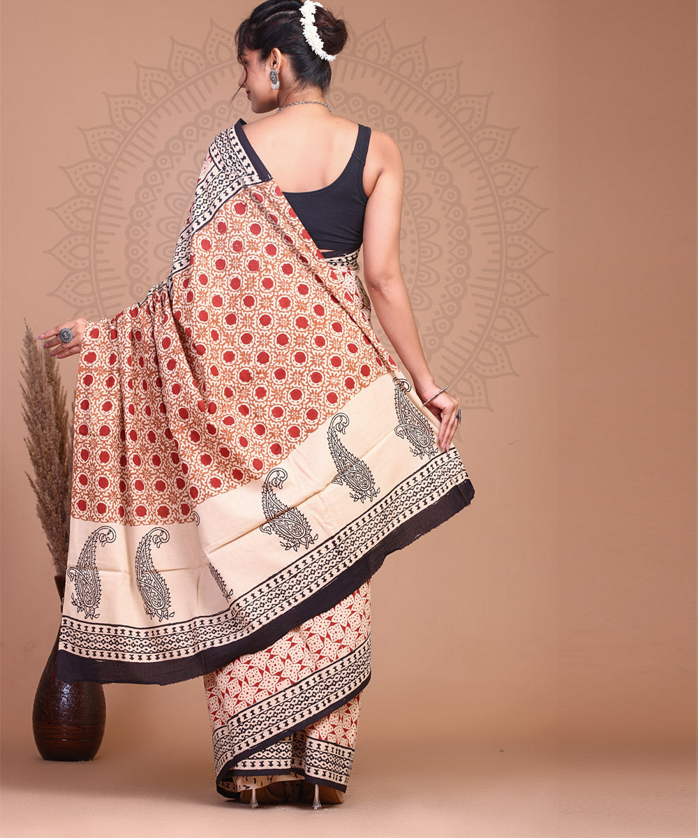 Red peach cotton hand block printed sanganeri saree