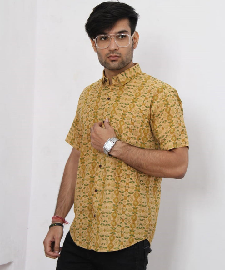 Yellow handblock printed cotton half sleeves shirt