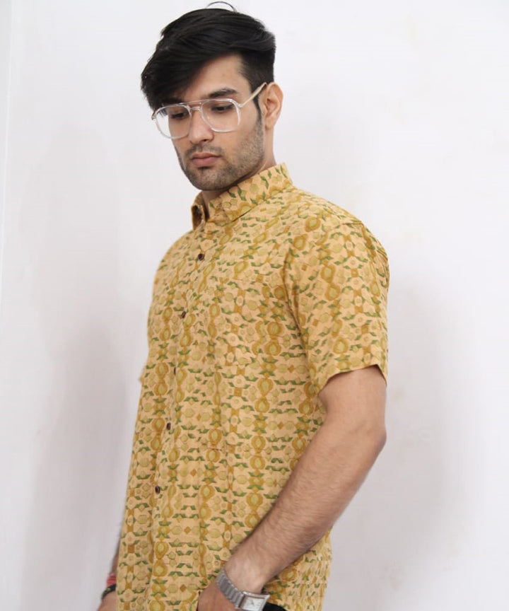 Yellow handblock printed cotton half sleeves shirt