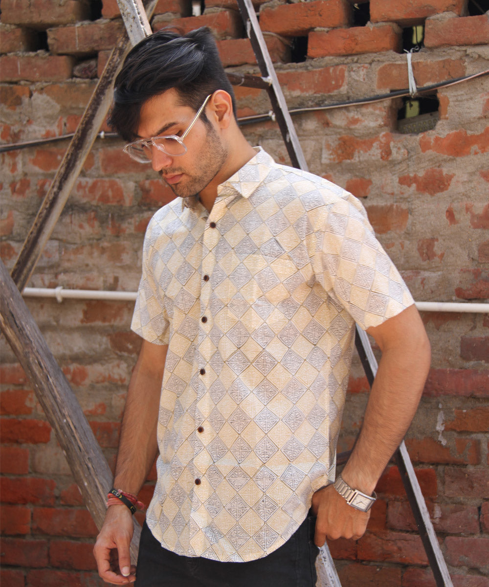 Cream geometric handblock printed cotton half sleeves shirt