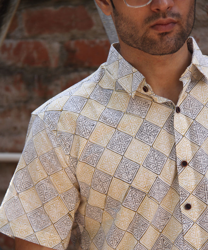 Cream geometric handblock printed cotton half sleeves shirt